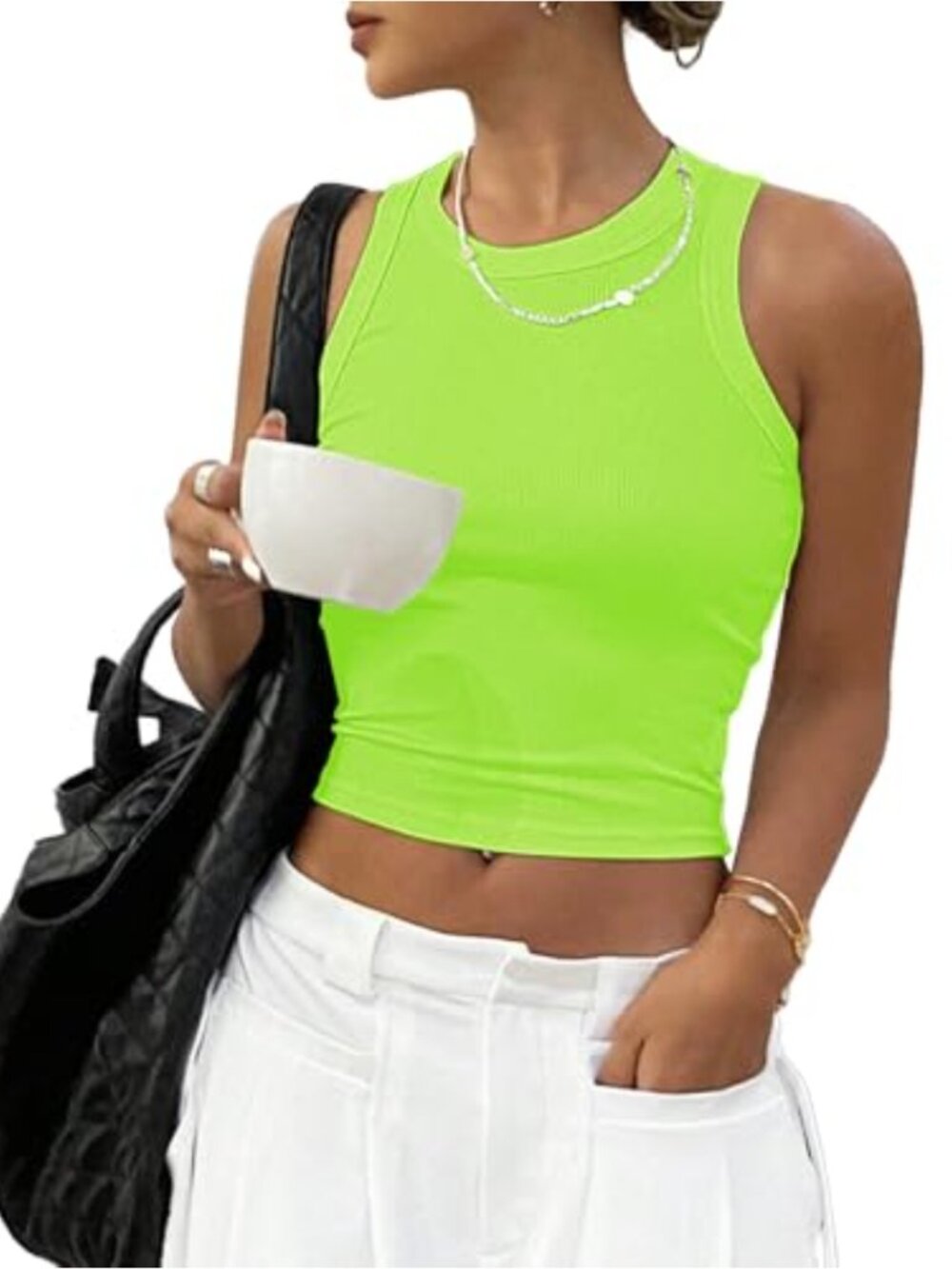 Ribbed Fitted Cropped Tank Top High Neck Sleeveless Slim Fit